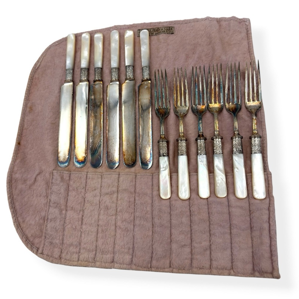 Antique Landers Frary & Clark Mother of Pearl Cutlery Flatware Set 12pc Sterling